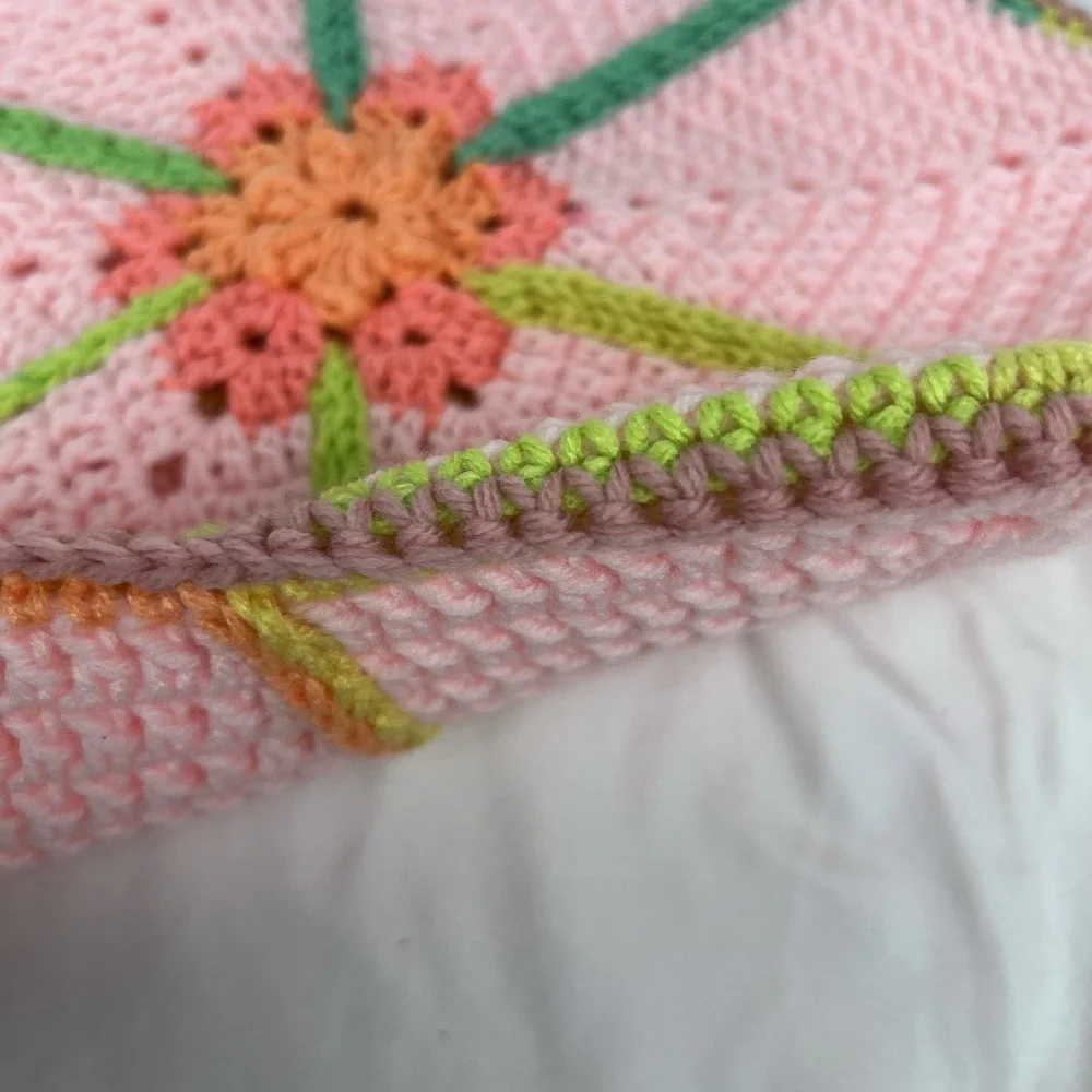 Hand Crocheted Pink Flower Hot Pad Trivet Pot Holder Doily Reversible Floral 17